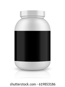 Vector illustration with the image of packing. Package design. Mock up image. Sport Nutrition Containers. Plastic Jars and foil package and drink bottle.
