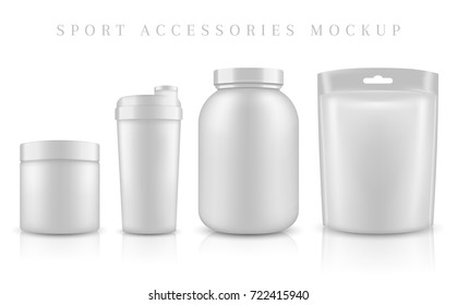 Vector illustration with the image of packing. Package design. Mock up image. Sport Nutrition Containers. Plastic Jars and foil package and drink bottle.