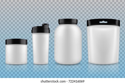 Vector illustration with the image of packing. Package design. Mock up image. Sport Nutrition Containers. Plastic Jars and foil package and drink bottle.