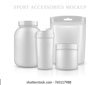 Vector illustration with the image of packing. Package design. Mock up image. Sport Nutrition Containers. Plastic Jars and foil package and drink bottle.