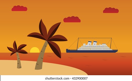 vector an illustration with the image of palm trees and the ship on a sunset. 
summer sunset tropical landscape