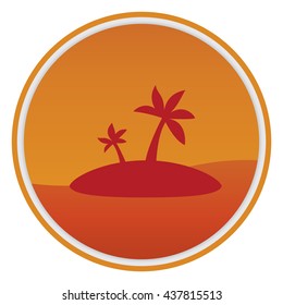   Vector an illustration with the image of palm trees in a circle of orange and red color. sea and beach with palm trees. .Tropical Sea Landscape.Summer relaxation poster and flyer