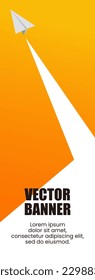 Ilustración vectorial de un avión de papel que vuela vigorosamente a través de un cielo vívido gradiente naranja, en formato EPS10.