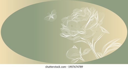 Vector illustration with the image of peony flowers and butterflies in the form of a line. It can be used for cosmetic labels, business cards, invitations to celebrations, as well as postcards.