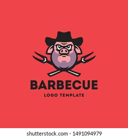 Vector illustration with the image of a pig in a cowboy hat on a background of crossed barbecue forks. Logo template.