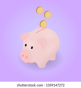 vector illustration with the image of a piggy bank with three gold coins on a purple background. savings.the ability to save