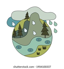 Vector illustration with the image of the planet Earth, mountains, Christmas trees, river, clouds and rain. It can be used as a sticker or an icon of the weather, tourism, ecology, time of year.