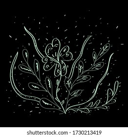 Ilustración vectorial con la imagen de las plantas. Flores y plantas en un fondo negro. El adorno de las flores