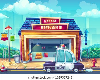 Vector illustration image police car Pin-up style. For web, video games, user interface, design. For web, video games, user interface, design