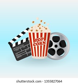 Vector illustration with the image of a popcorn, filmstrip and clapperboard. Cinema poster concept