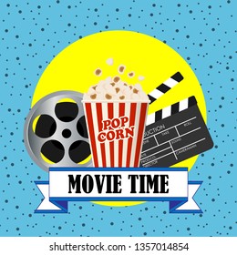 Vector illustration with the image of a popcorn, filmstrip and clapperboard. Cinema poster concept