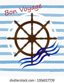 Vector illustration with the image of a postcard with a Bon Voyage wish. Ship's steering wheel on a white and blue striped background