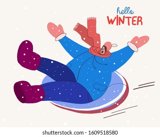vector illustration, image, postcard, isolated white background, fun joy holiday on vacation, sledding downhill in winter on snow, ice slide and a woman on an inflatable cheesecake. funny comic for yo