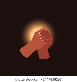Vector illustration with the image of praying hands illuminated by light, symbols symbolizing hope, faith and spirituality. Icon of folded palms for religious and spiritual logos