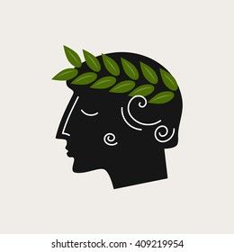 Vector illustration with the image of profile of a man, an ancient Greek in a laurel wreath.  It can be used as a logo for an antique shop, as a historical illustration.