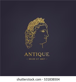 Vector illustration with the image of profile of a man, an ancient Greek in a laurel wreath. Outline golden style logo. Luxury, man icon.