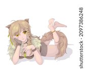 Vector illustration. The image of a reclining wildcat girl from the anime with long blonde hair, highlighted on a white background. EPS 10