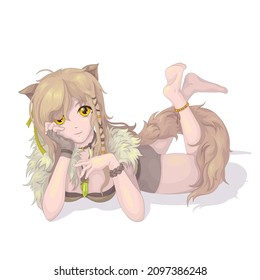 Ilustración vectorial. La imagen de una chica reclinable y salvaje del anime con el pelo rubio largo, resaltada sobre un fondo blanco. EPS 10