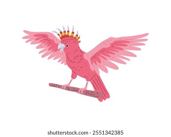 Ilustración vectorial con la Imagen de un loro rojo de cacatúa con las alas extendidas. Pájaro exótico sentado en una rama. Icono en estilo de dibujos animados planos sobre un fondo aislado. Fauna.