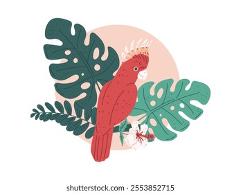 Vector illustration with the image of a red cockatoo parrot on the background of a round frame with tropical palm leaves and monstera leaves. Cartoon flat style. Exotic bird. Isolated background.