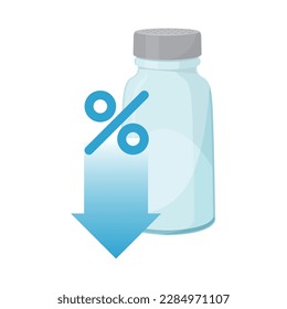 Vector illustration of image of reduced salt. This is represented by a metal capped shaker salt, percentage and downward pointing arrow.