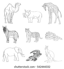 Vector illustration. Image rhino kangaroo, giraffe, elephant, zebra, snake, crocodile camel tiger a black line
