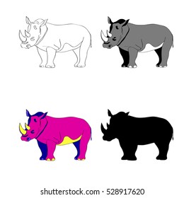 Vector illustration. Image rhino line silhouette, black and white and color.

