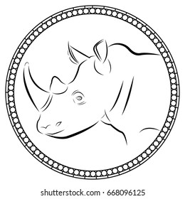 Vector illustration of an image of a rhinoceros front drawn with contour lines in a patterned circle on a white background