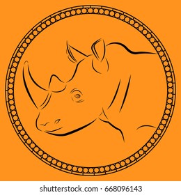 Vector illustration of an image of a rhinoceros front drawn with contour lines in a patterned circle on a orange background