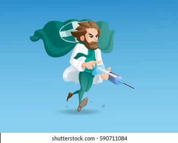 Vector illustration with an image of the running doctor-hero holding the main therapeutic weapon in his hands - a syringe with a healing injection.