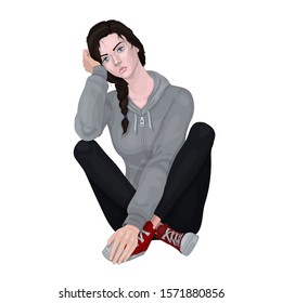 Vector illustration. Image of sad brooding girl sitting isolated on white background. EPS 10