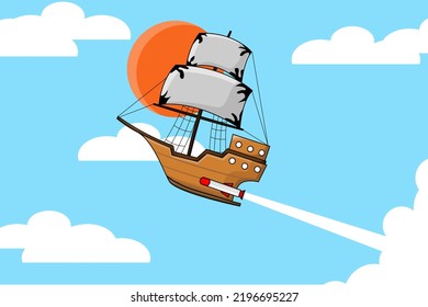 vector illustration image of a sailing ship that can fly using rockets, which is suitable for children's clothes, children's books, and other children's equipment to hone children's imaginations