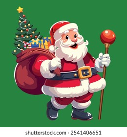 vector illustration image of Santa Claus in red clothes with a white beard wearing a red Christmas hat holding a stick and carrying a sack of Christmas gifts