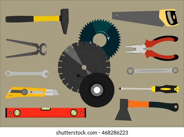 Vector illustration with the image of a saw, pliers, axes and other tools for construction and repair