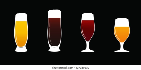   Vector an illustration with the image of a set of beer glasses with beer of white color.Beer glasses set Beer mugs.Pints of cold beer vector. Dark, Amber and light.pub menu
