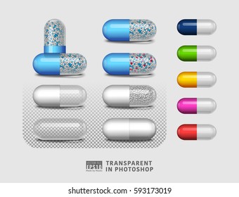 Vector illustration image set of isolated, empty, transparent, full pill composition with reflections made by vector masks on background. Easy to copy paste in different graphic design software