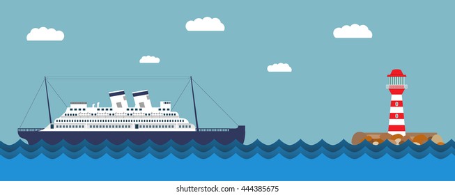   Vector an illustration with the image of the ship and a beacon for a banner and a leaflet  travel of  cruise liner