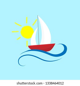 Vector illustration with the image of a ship drifting through the waves. Postcard