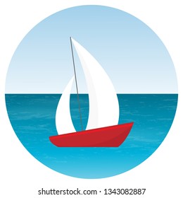 Vector illustration with the image of a ship drifting through the waves. Postcard