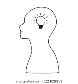 Vector illustration. The image of the silhouette of a man with the image of a light bulb inside his head as a symbol of a new idea. Business symbolism, creativity