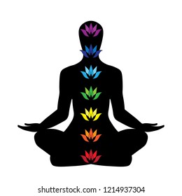 Vector illustration. The image of the silhouette of a man in the Lotus position or Padmasana. Colorful images of chakras in shape of flower or lotus.