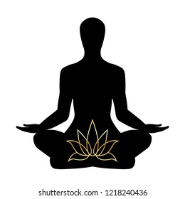 Vector illustration. The image of the silhouette of a man in the pose of a Lotus or Padmasana. Inside the Golden Lotus figure