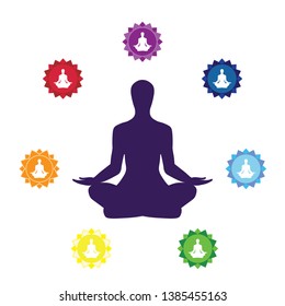 Vector illustration. The image of the silhouette of a man in the Lotus position or Padmasana. Inscriptions and images of chakras 