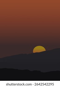 Vector illustration with the image of Silhouette of mountains and sun at sunset. Vector illustration. For the design of your interior designs and scenes in the style of the beauty of nature