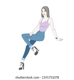 Vector illustration. Image of a sitting girl in jeans