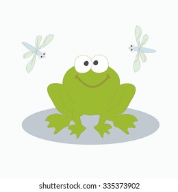 Vector illustration. The image of a small cheerful green frog with two flying side by dragonflies.