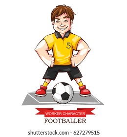 Vector illustration of an image of a soccer player isolated on white background. The profession of a football player, a player in football, a cartoon caricature