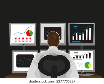 
Vektorgrafik eines Aktienspielers, der Aktien kauft und verkauft, der die globalen Aktienkurse beobachtet und überwacht, ist die Welt für ein Artikelbild über Stock-Investitionen geeignet