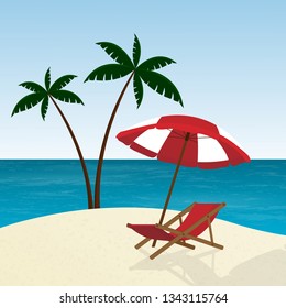 vector illustration with the image of a sunbed and umbrella on the beach