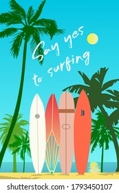 
Vector illustration, the image of surfboards on the background of a tropical landscape.